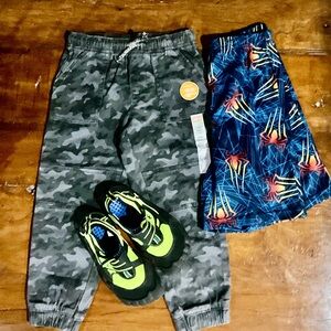 Boys Lot: Jumping Bean Camo Sweats, Spidey Shorts, Swim Shoes